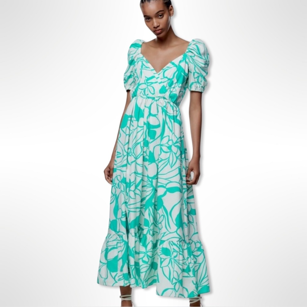 Zara Green & White Floral Puff Sleeve Maxi Dress Size Small